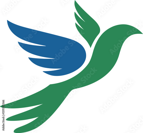 A stylized green and blue bird in flight.