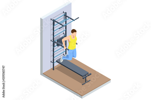 Parallel bar dips. Isometric vector illustration of a man performing parallel bar dips near gym wall bars. Arm strength training, chest workout, fitness. Athletic lifestyle, sports equipment.