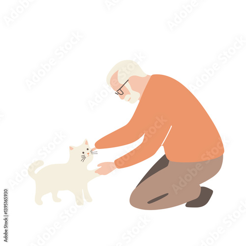 Elderly man petting a white cat with a warm smile on a light, minimalist background