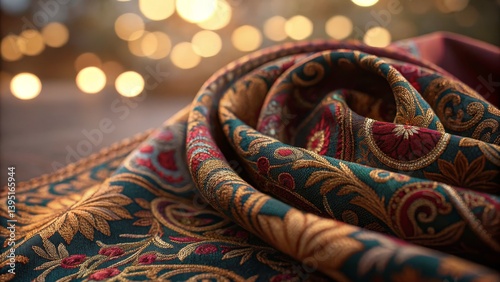 Wallpaper Mural Close-up of Teal and Gold Brocade Fabric Drape, Bokeh Background, Luxury Texture, Paisley Design Brocade, Fabric Texture Torontodigital.ca