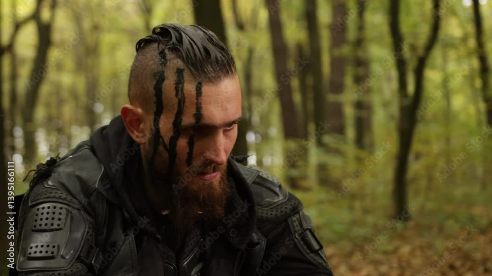 Black facepaint, End times, Apocalyptic gear. In forest, person with black face paint and protective gear sits, emanating post-apocalyptic atmosphere. Black facepaint, End times, Apocalyptic gear. In forest, person with black face paint and protective gear sits, emanating post-apocalyptic atmosphere.