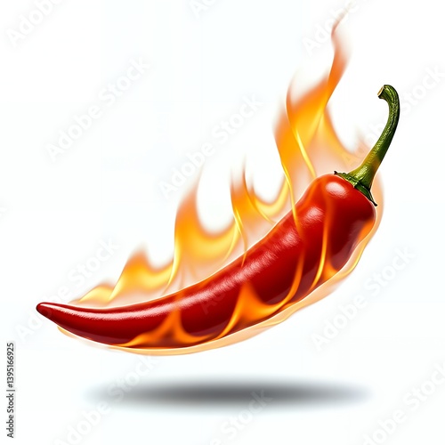 A fiery red chili pepper engulfed in flames on an isolated white and transparent background, concept for spicy food branding, hot sauce packaging design, and culinary advertising