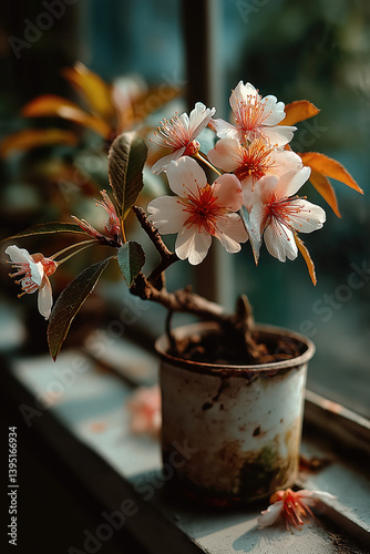 Petite branche fleurie dans un pot ancien en métal rouillé, placé sur une fenêtre baignée de lumière photo