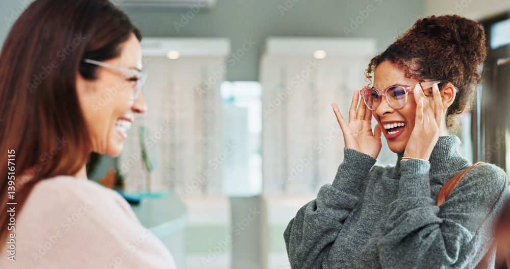 Glasses shopping, happy and woman with optician in retail store for eyewear choice, laughing and funny joke. Optometry service, person or customer with spectacles fitting for optical health or vision Glasses shopping, happy and woman with optician in retail store for eyewear choice, laughing and funny joke. Optometry service, person or customer with spectacles fitting for optical health or vision