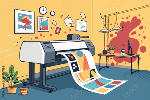 Design a flyer vector graphic featuring bold, impactful strokes, depicting a printing press in action.  Illustrate the process of a flyer being printed.