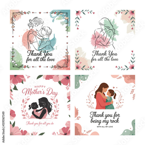 Mother's Day Cards with Thank You Messages and Floral Designs