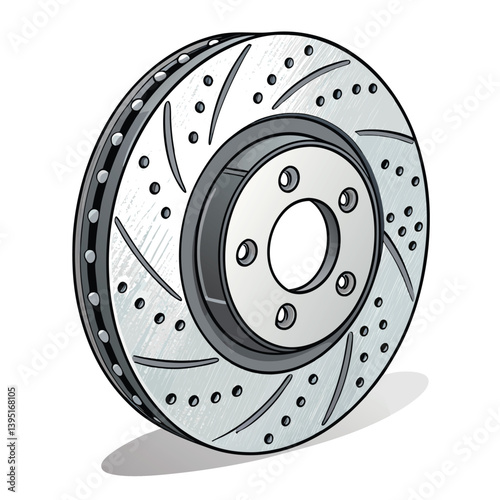 Create a bold, vector illustration of a front disc brake rotor, emphasizing its mechanical details with strong lines and shading.