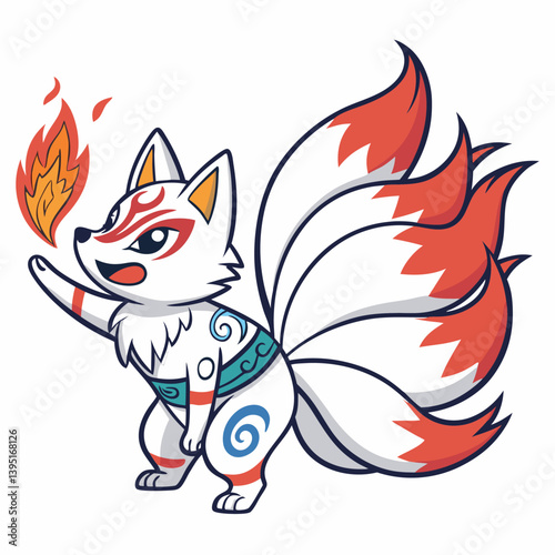 Create a bold vector illustration of a Kitsune (fox yokai) with multiple tails, using striking color palettes and dynamic brush strokes.