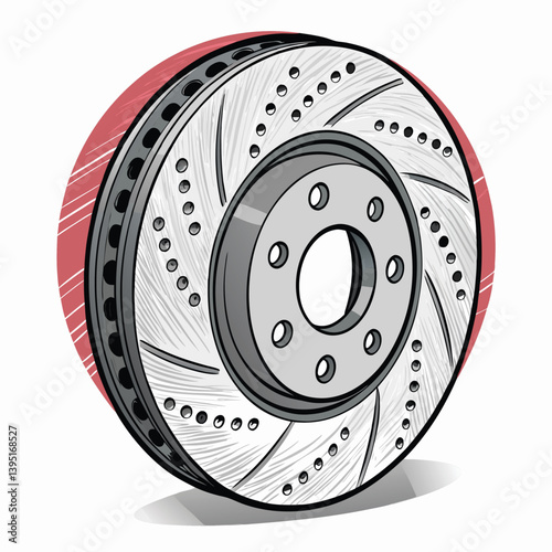 Create a bold vector illustration of a front disc brake rotor, showcasing its intricate details with strong, impactful lines and shading.
