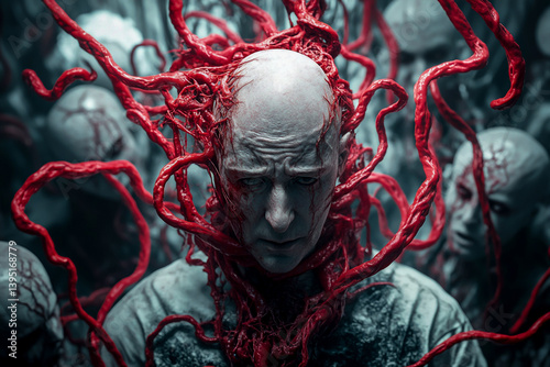 Carnage symbiote horror movie poster art featuring a man engulfed in red tendrils and terrorizing heads
