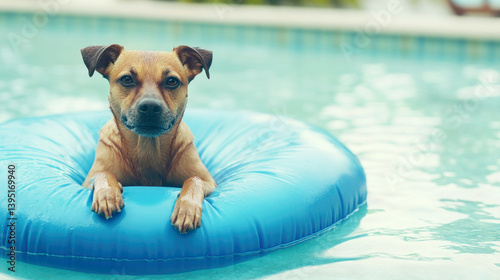 Cute dog relaxing on a blue air mattress in refreshing pool water for summer fun and pet relaxation concepts