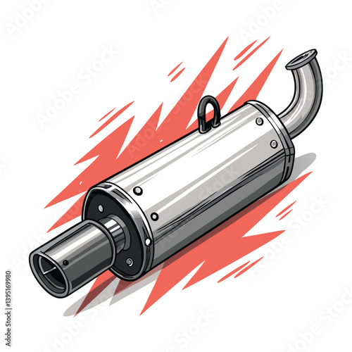 Create a bold, vector illustration of a full motorcycle exhaust system, emphasizing strong lines and impactful design.