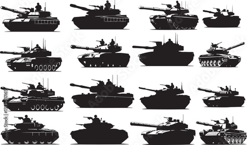 Tank silhouettes set, army pack of vector silhouette design