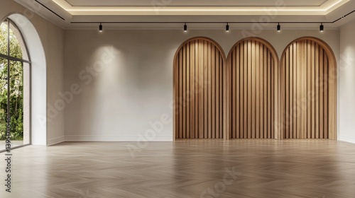 Minimalist interior design with arched wooden wall and elegant flooring in bright empty room