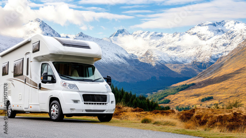 Family vacation adventure in rv motorhome amidst scenic mountain landscapes for memorable holiday travel experience