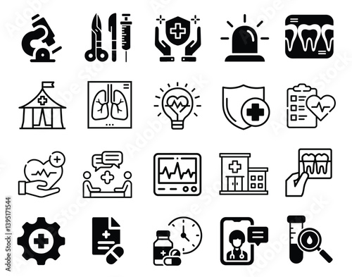 Set of high-quality vector icons representing various medical and healthcare elements, ideal for use in health-related projects, websites, and apps