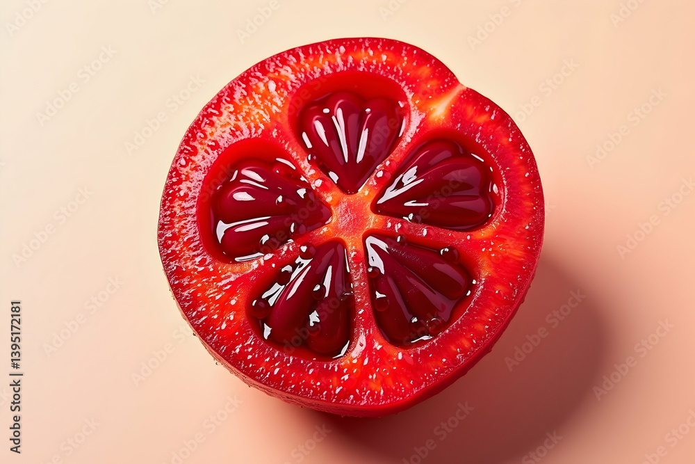 Striking closeup highlighting the vibrant texture and intricate details of a freshly cut acerola cherry, showcasing its juicy segments and intense color, evoking freshness and natural beauty