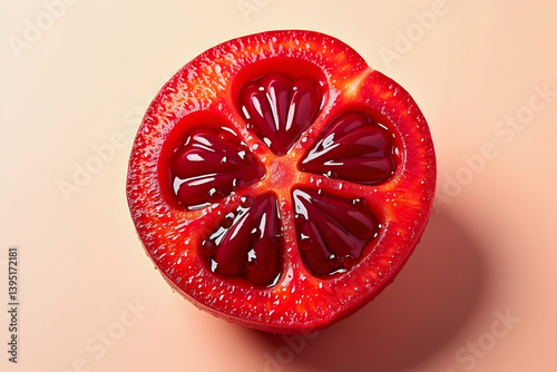Obraz na płótnie Striking closeup highlighting the vibrant texture and intricate details of a freshly cut acerola cherry, showcasing its juicy segments and intense color, evoking freshness and natural beauty w salonie