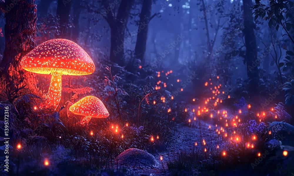 Enchanted forest scene featuring glowing mushrooms surrounded by mystical fireflies at twilight Enchanted forest scene featuring glowing mushrooms surrounded by mystical fireflies at twilight