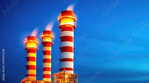 Gas fired power plant and factory building illuminated at night against clear sky for industrial energy design photo