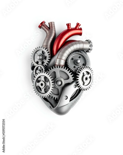 Futuristic mechanical heart composed of metal gears and red industrial pipes – concept of cyborg anatomy and technology