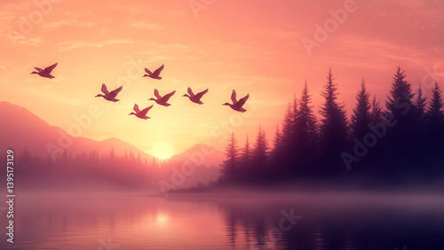 Silhouettes of wild ducks in flight against the golden dusk sky, sunset, misty lake, pine trees, mountain backdrop, bird flu cases, bird migration