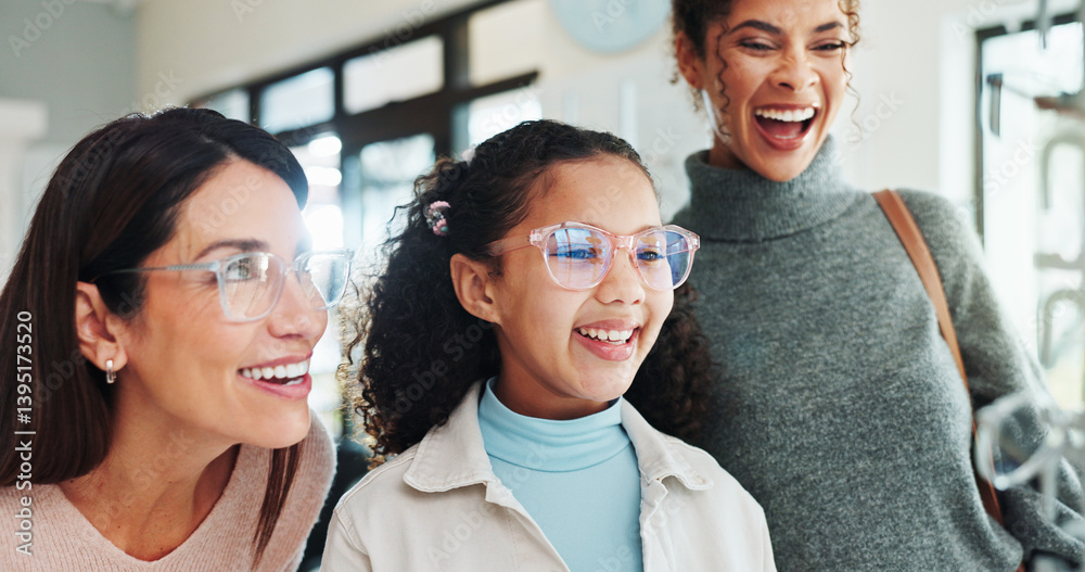 Happy, family or optometry with girl and woman in hospital for appointment, checkup and eye care. Frame, glasses or vision with excited child and optometrist in clinic for ophthalmology consulting