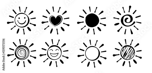 Summer icon silhouette sun doodle set