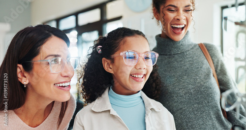 Obraz na płótnie Happy, family or optometry with girl and woman in hospital for appointment, checkup and eye care. Frame, glasses or vision with excited child and optometrist in clinic for ophthalmology consulting w salonie