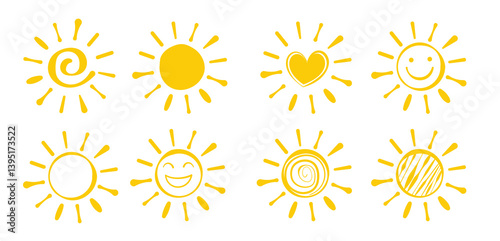 Summer icon yellow sun doodle set