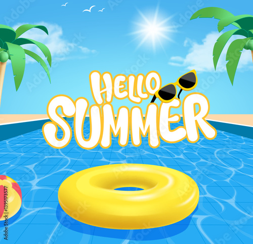 Hello summer aquatic pool with yellow swim ring in sunny background