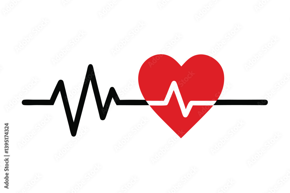 Heart Pulse Rhythm Black Line with Red Heart on White Background, Flat Design Heart Pulse Rhythm Black Line with Red Heart on White Background, Flat Design