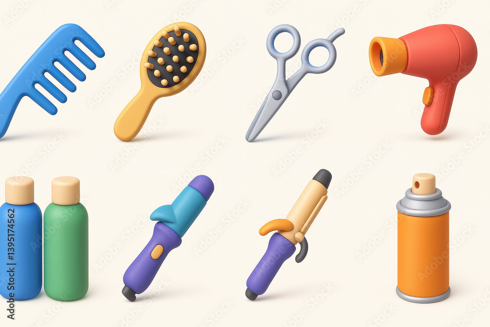 Essential hair styling tools icons set: 3d style combs, scissors, dryers & more Essential hair styling tools icons set: 3d style combs, scissors, dryers & more