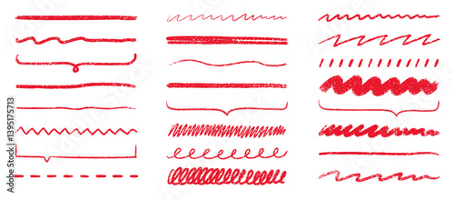 Chalk lines, charcoal highlight strokes doodle set. Pencil underlines, kids crayon strips, brush line in sketch style. Grunge texture. Hand drawn vector illustration isolated on white background