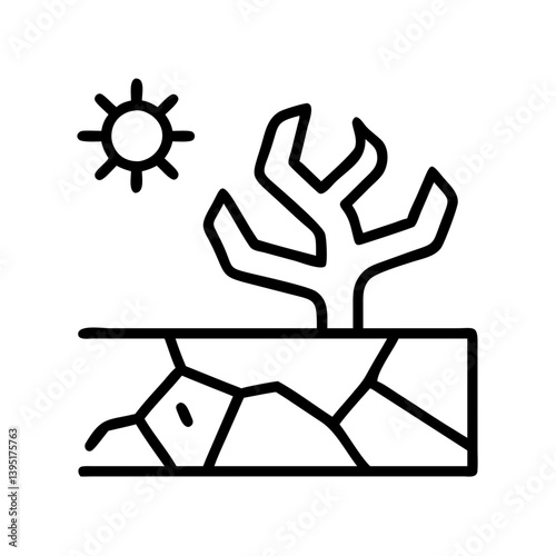 Drought climate change desertification hot weather dry soil dead tree icon vector