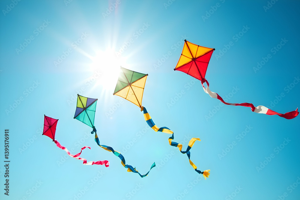 Sunlit skies filled with vibrant kites creating a whimsical spectacle of colors and shapes, symbolizing freedom, joy, and the beauty of a sunny day outdoors