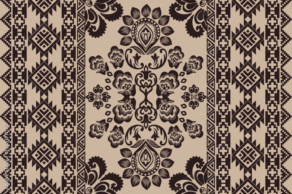 Fototapeta premium Ikat floral paisley embroidery seamless pattern. Ikat ethnic flower oriental pattern traditional. Motifs African boho. Ethnic ikat floral Border Indian floral Aztec embroidery border