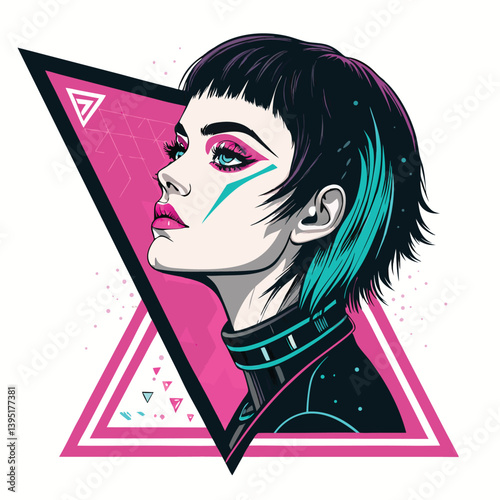Create a bold vector illustration of a girl with cybernetic enhancements, emphasizing strong lines and vibrant colors.