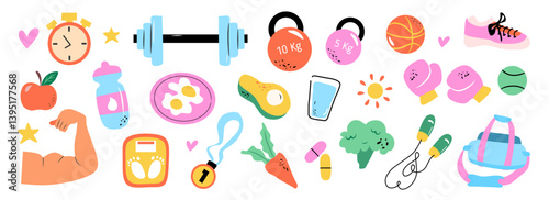 Healthy lifestyle concept icon set. Elements of diet, exercise equipment, routine, gym, nutrition, cardio exercises, sports supplements, self-care, hobbies. Hand drawn cute vector illustration.