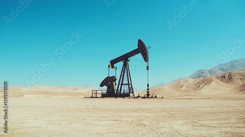 Oil pump extracts crude in desert. Mountains loom. Use energy, resources, production