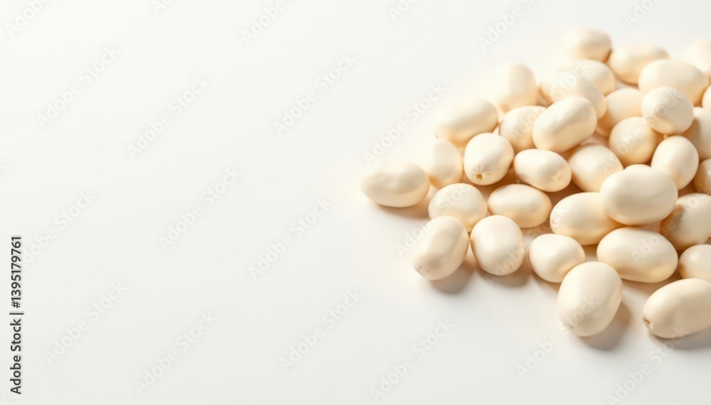 Scattered white beans on pristine white background, minimalist, great northern, background Scattered white beans on pristine white background, minimalist, great northern, background