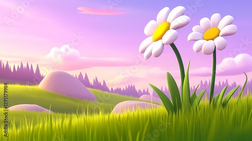 Whimsical cartoon flowers in lush green grass,  vibrant spring illustration for nature lovers
