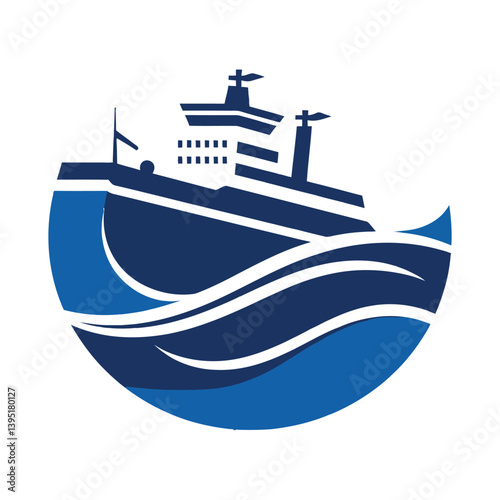 International shipping tanker ship under round logo concept illustration