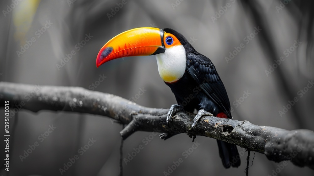 Naklejka premium Vibrant toucan with a colorful beak perched on a grayscale rainforest branch its exotic hues shining brilliantly in selective color photography