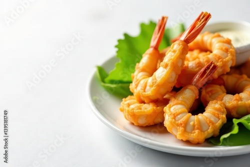 Tempura shrimp and vegetables on white, minimalist background, fresh, shrimp
