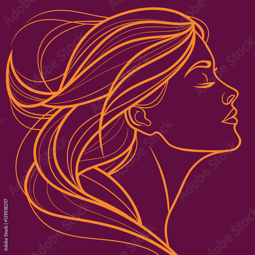 Elegant Gold Female Profile Line Art On Black Background With Flowing Hair Detail For Contemporary Fashion And Beauty Brand Applications