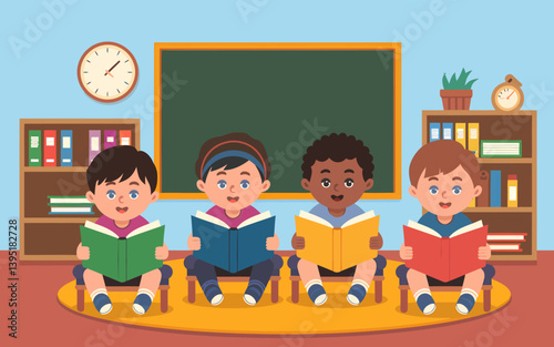 Diverse Students Reading Books in Classroom | Education and Learning Concept