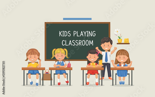 Happy students learning in a classroom with a teacher vector illustration
