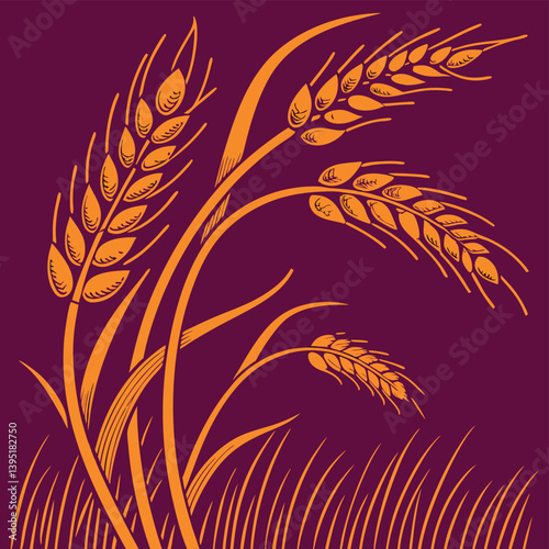 Rustic Gold Wheat Stalk Line Art On Cream Background With Detailed Grain Structure For Premium Artisanal Food And Bakery Brand Applications