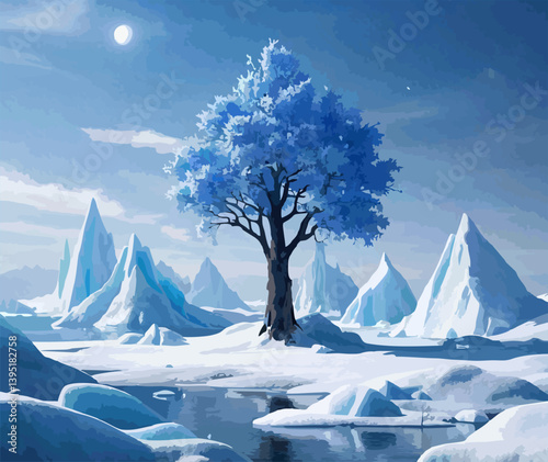 Illustration of an iceberg and tree crystal scene